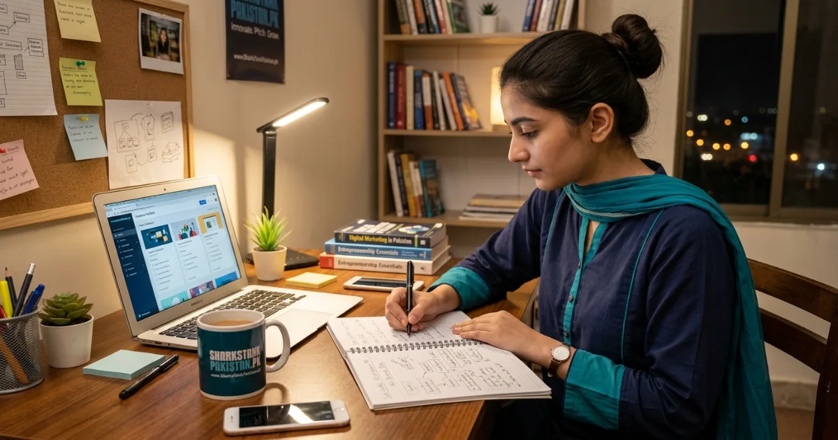 Pakistani student working on business ideas for students Pakistan from hostel room with laptop