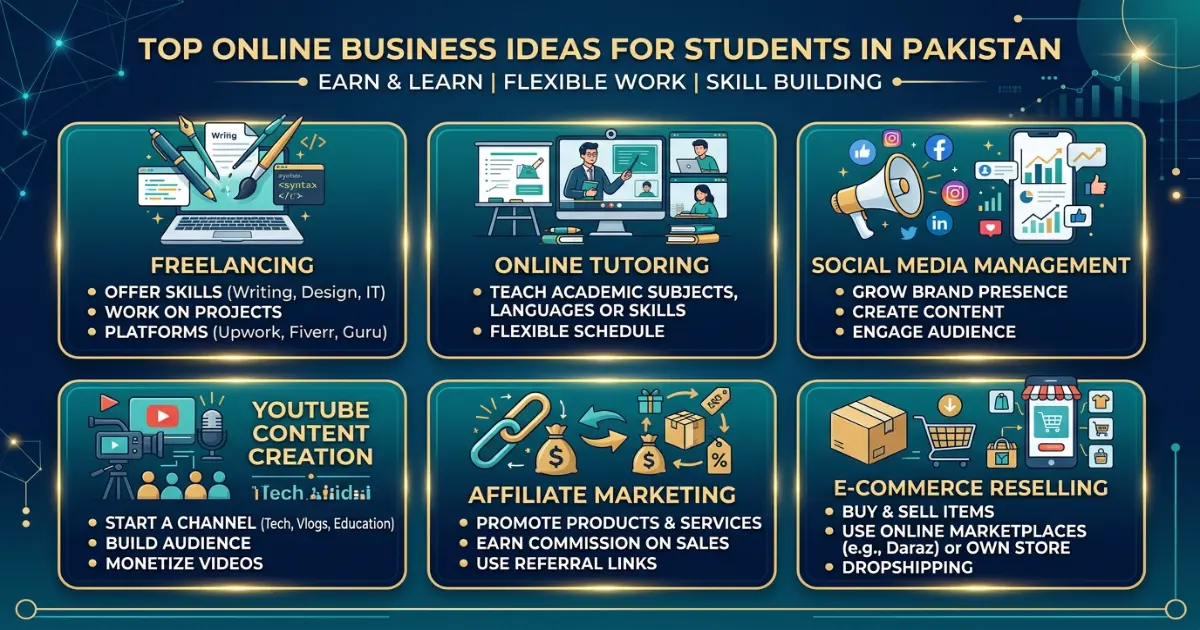 List of business ideas for students Pakistan emphasizing online freelancing and digital skills