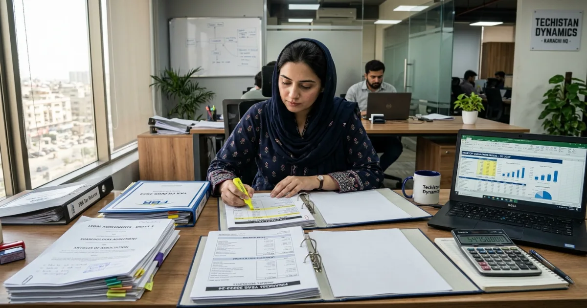 Stack of financial documents and due diligence checklist on a desk in a Pakistani office setting