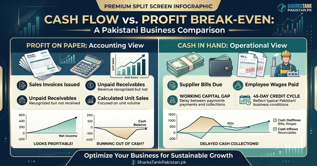 comparison between cash flow break-even and profit break-even chart for a Pakistani retailer