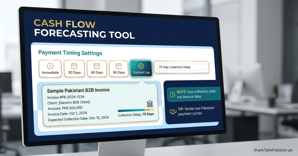 Setting payment timing and collection lags in the cash flow forecast Pakistan free tool