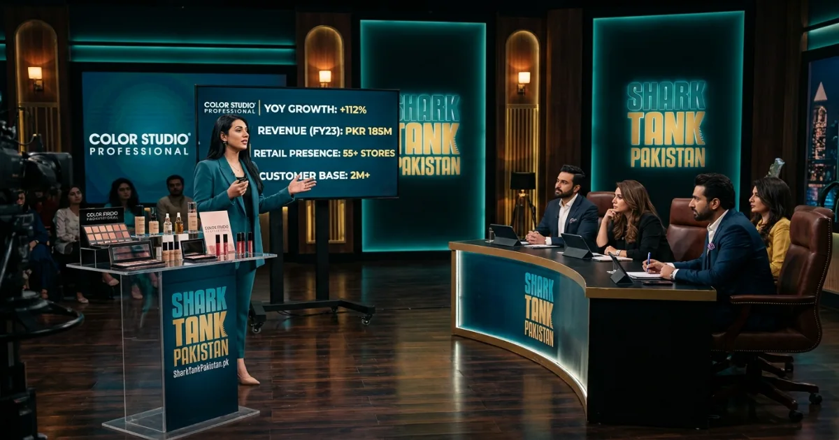 Color Studio Professional founder pitching on Shark Tank Pakistan stage with sharks listening