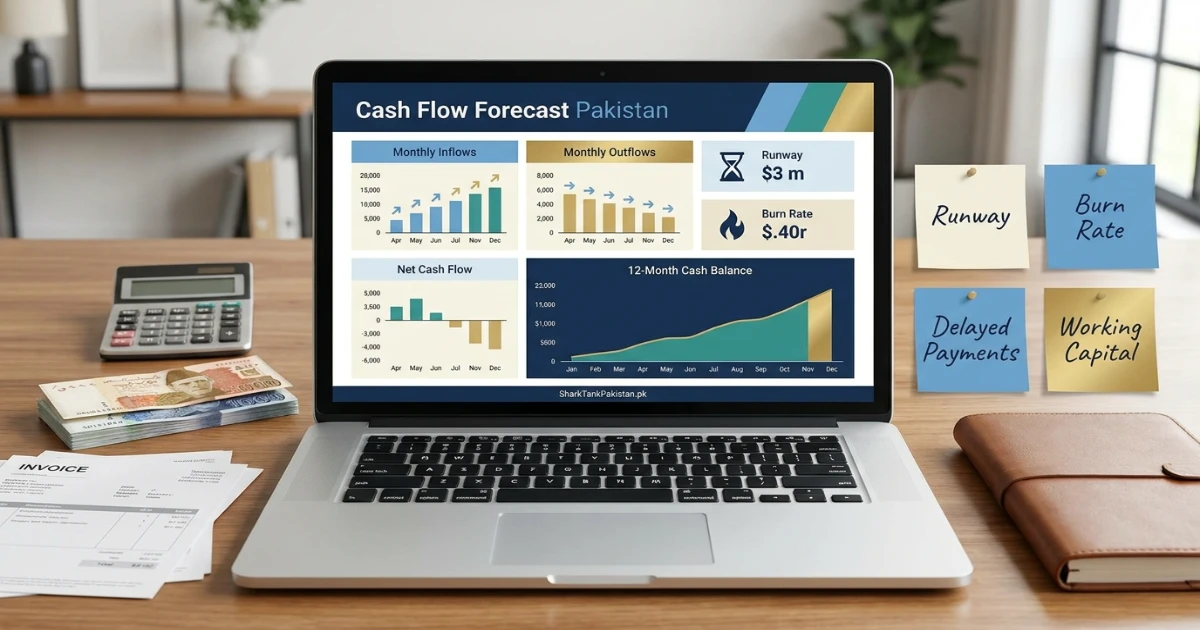 Cash flow forecast Pakistan free tool dashboard on SharkTankPakistan.pk showing monthly inflow and outflow columns