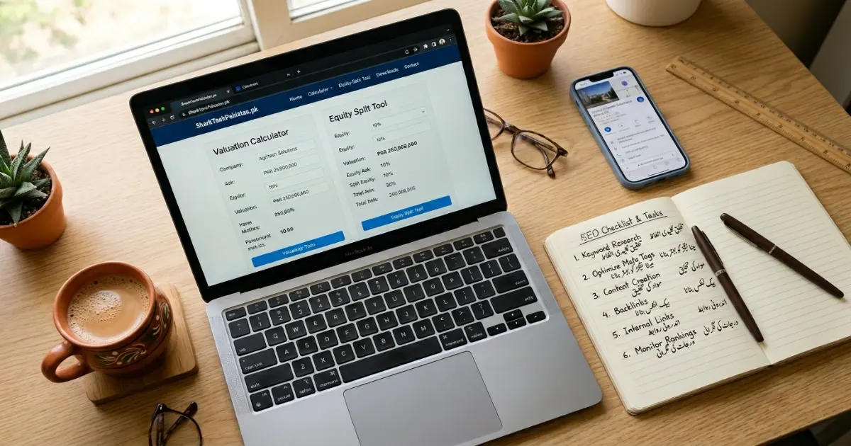 SEO toolkit for Pakistani founders showing laptop with analytics and Shark Tank Pakistan branding