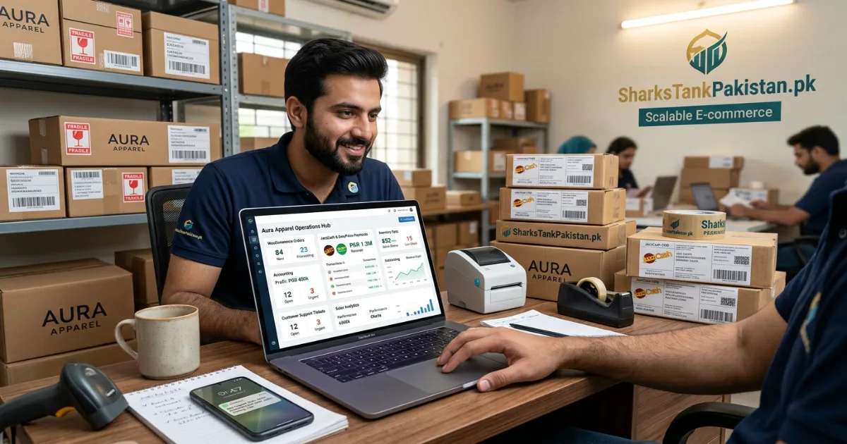 Business tools integration dashboard showing payment and inventory sync for Pakistan