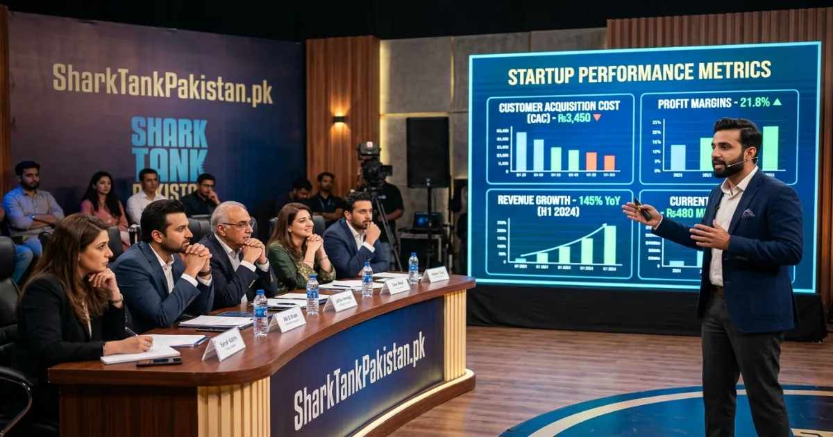 A founder holding up a product sample in the tank, demonstrating one of the key Shark Tank Pakistan lessons about props