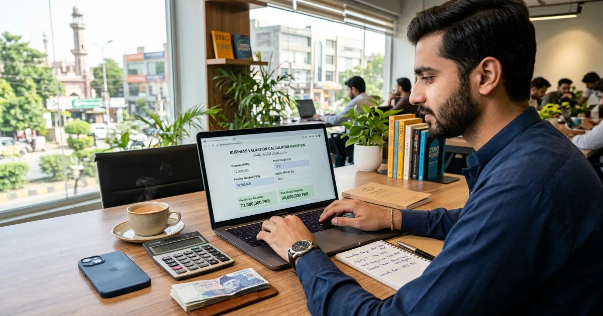 Entrepreneur in Lahore using business valuation calculator Pakistan on laptop