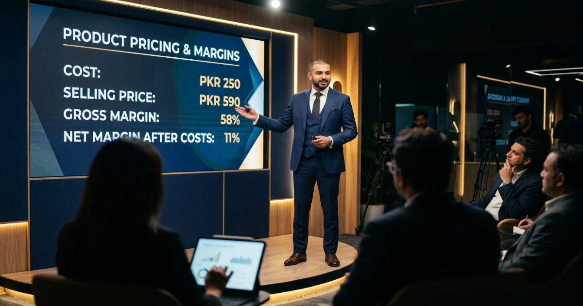 Shark Tank Pakistan negotiation scene showing entrepreneur defending pricing numbers to judges