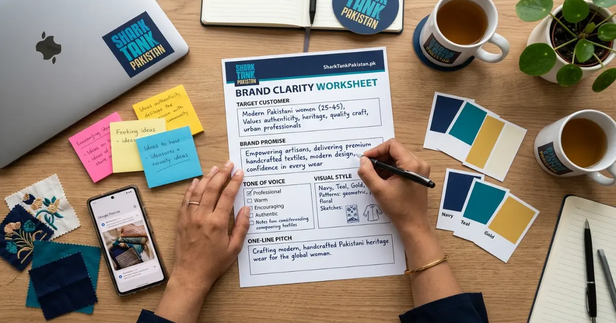 Brand clarity worksheet for low budget branding Pakistan with core audience and promise sections