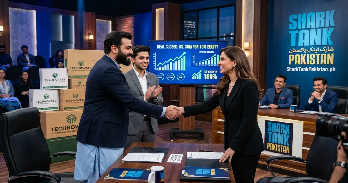 Gold Box Pakistan founders and sharks discussing final deal terms on Shark Tank Pakistan set
