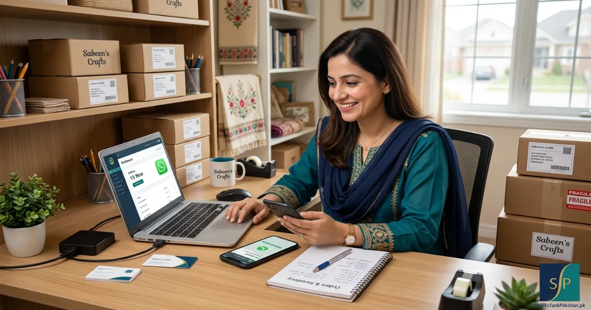 Pakistani housewife managing her home-based online clothing business from a well-organized small room
