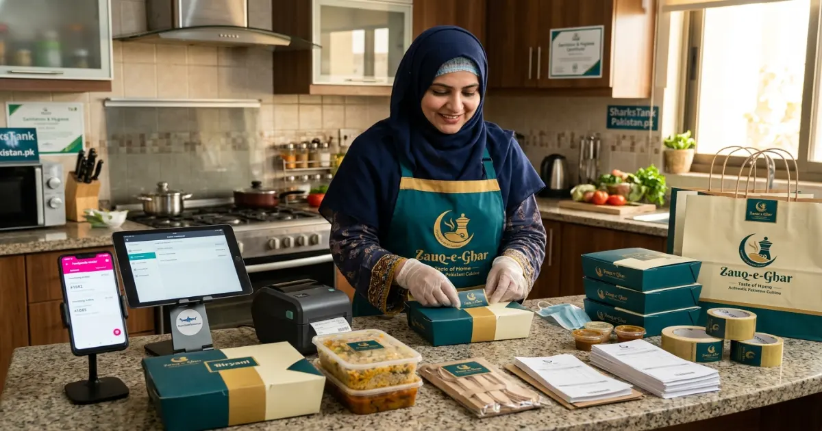 Pakistani housewife entrepreneur registering her home-based food business online via SECP portal on her laptop