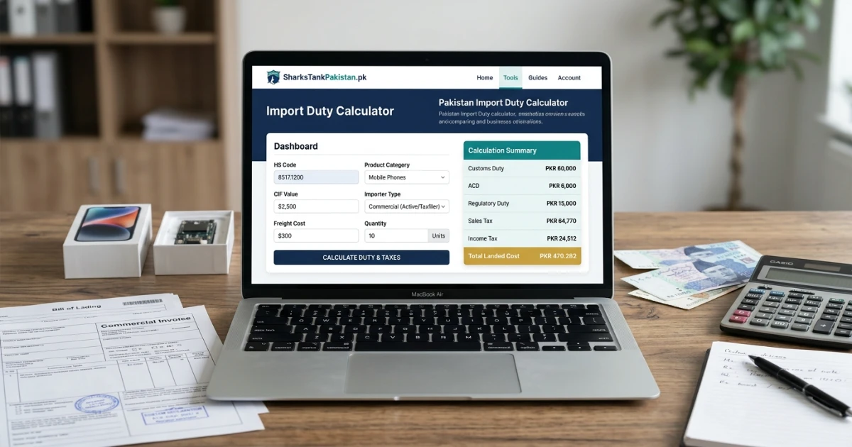 Import duty calculator Pakistan interface showing step by step input and breakdown