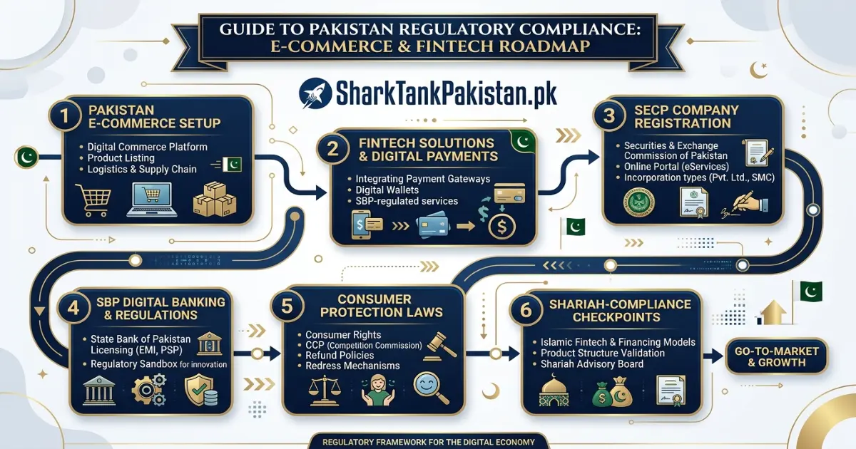 Infographic summarizing Pakistan's regulatory landscape for installment-based e-commerce models including SECP and SBP oversight