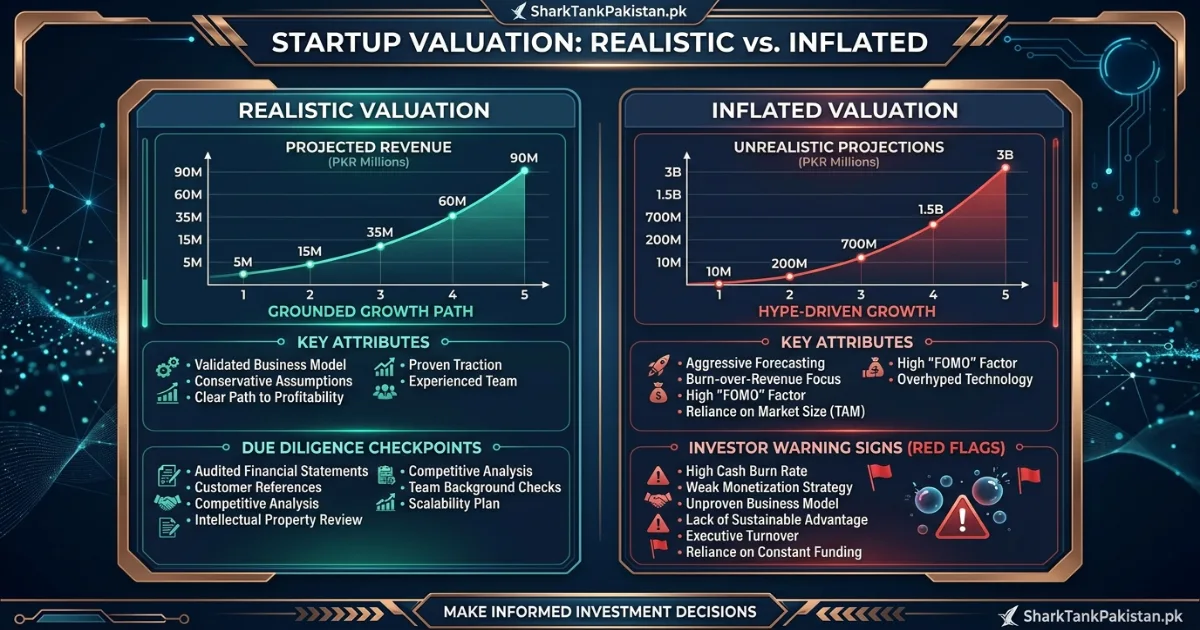 Screenshot of the SharkTankPakistan.pk valuation calculator with sample revenue and equity inputs
