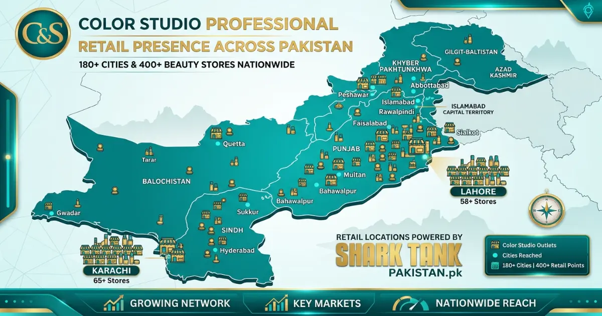 Map showing Color Studio Professional retail presence across 180 cities in Pakistan by 2026