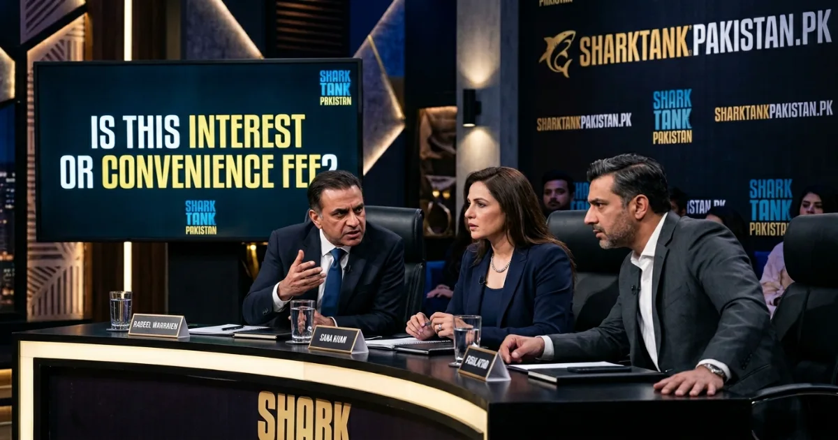 Close-up of Shark Tank Pakistan sharks debating interest-based e-commerce model during Gold Box pitch