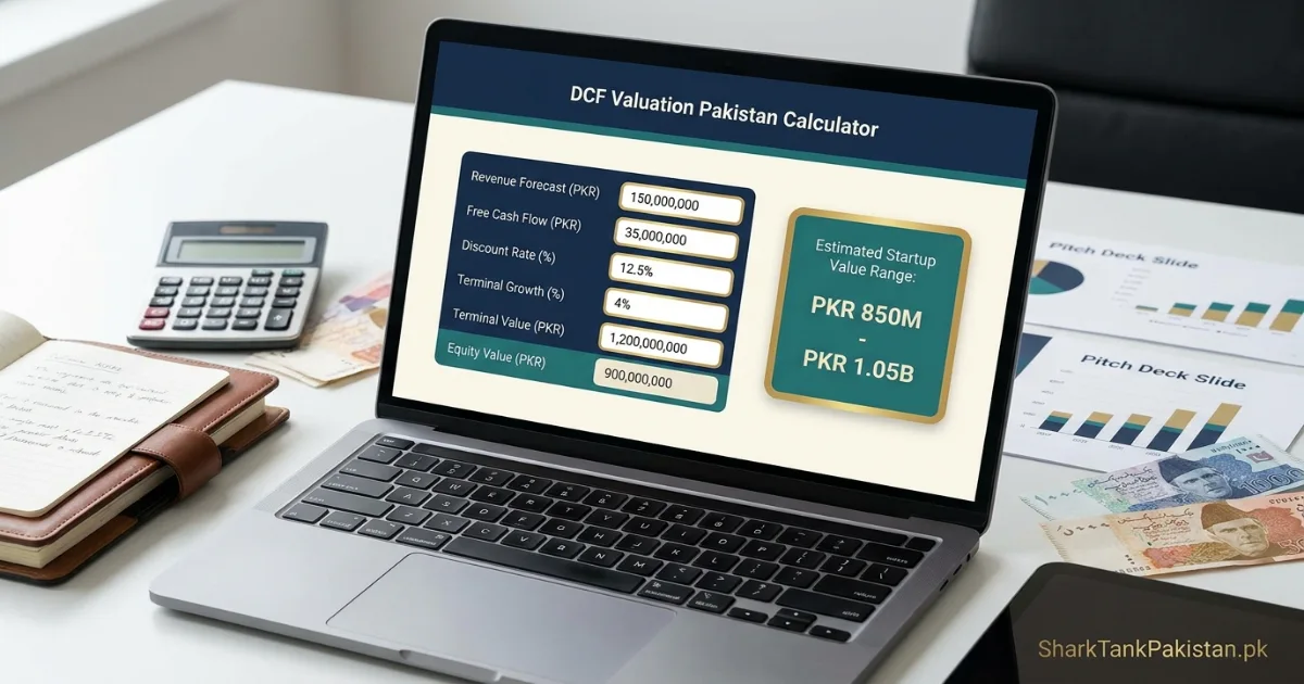 DCF valuation Pakistan calculator showing input fields for revenue forecast, discount rate, and terminal value