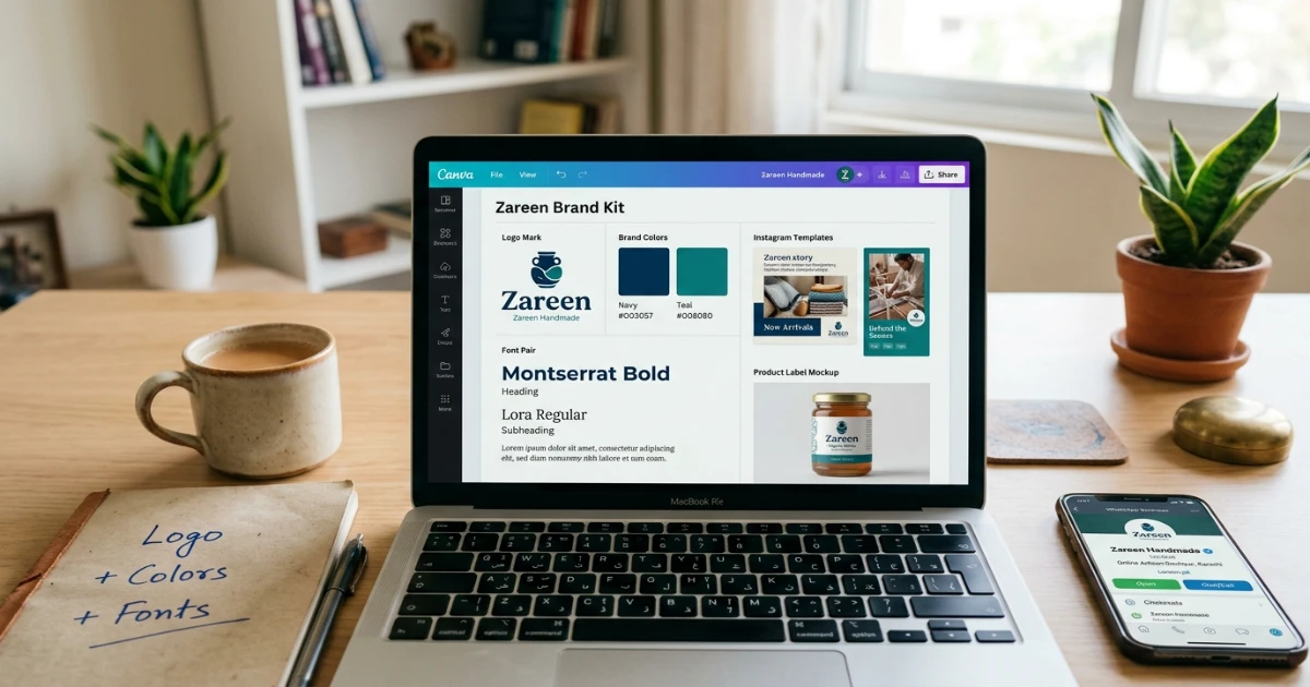 Pakistani entrepreneur working on low budget branding Pakistan strategy using Canva and smartphone