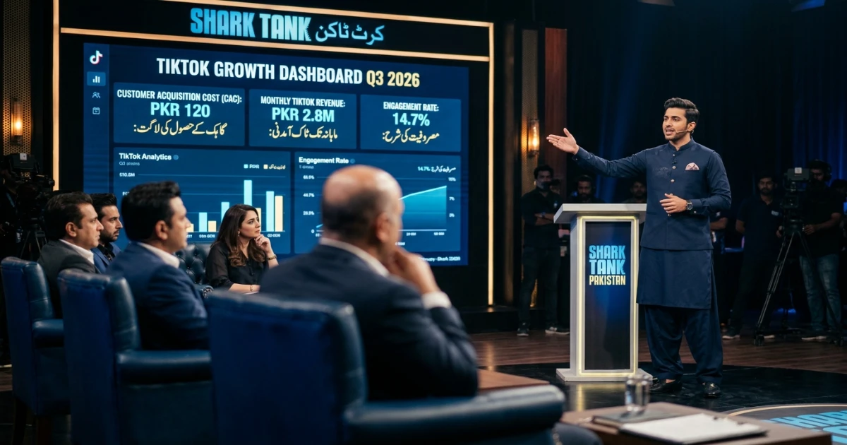 Founder pitching on Shark Tank Pakistan stage with screen showing TikTok marketing metrics in background