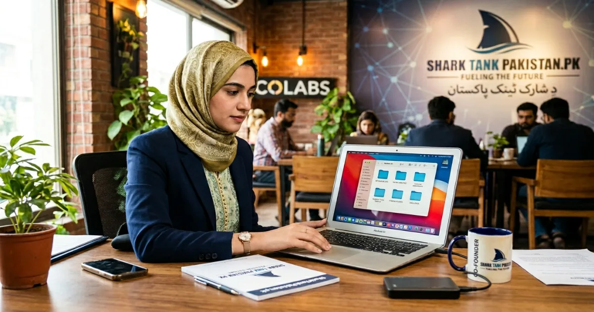 Pakistani entrepreneur reviewing financial spreadsheets on a laptop with coffee and notes