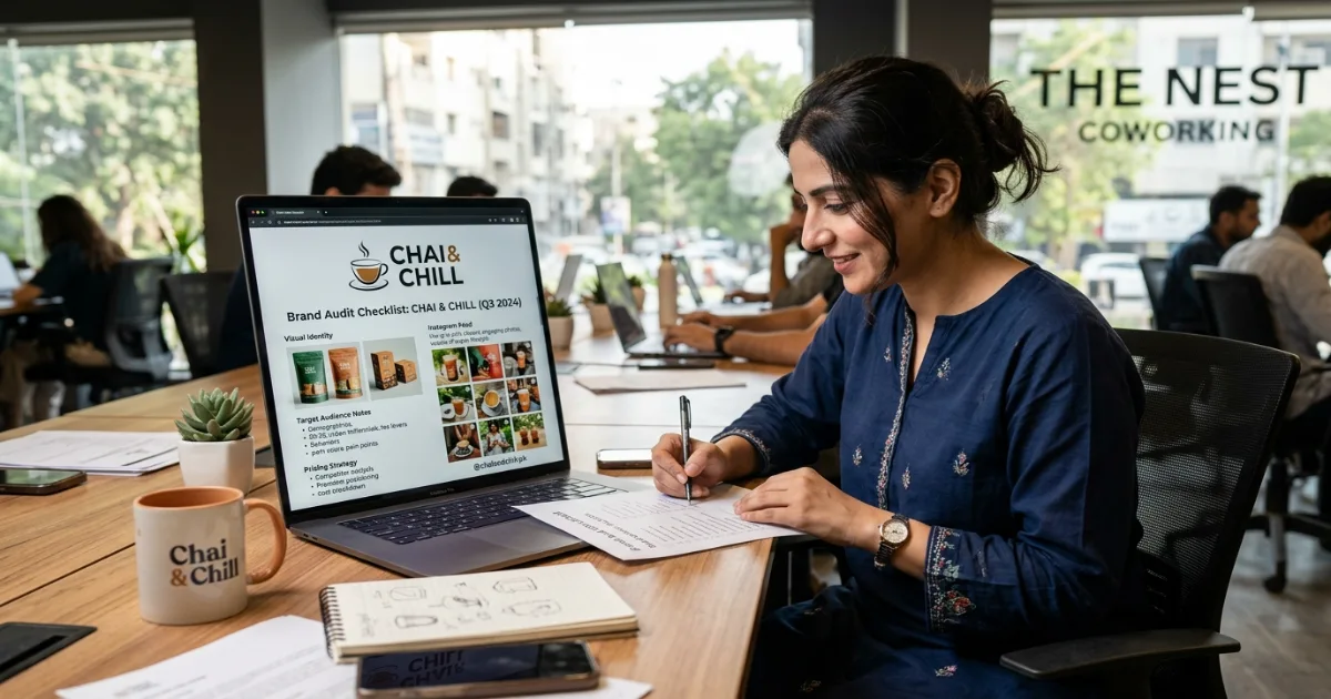 A founder reviewing a branding audit checklist with Shark Tank Pakistan branding lessons in mind