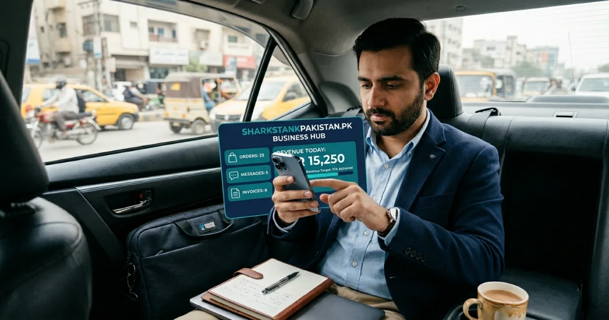 Pakistani founder using business tools on mobile phone while traveling