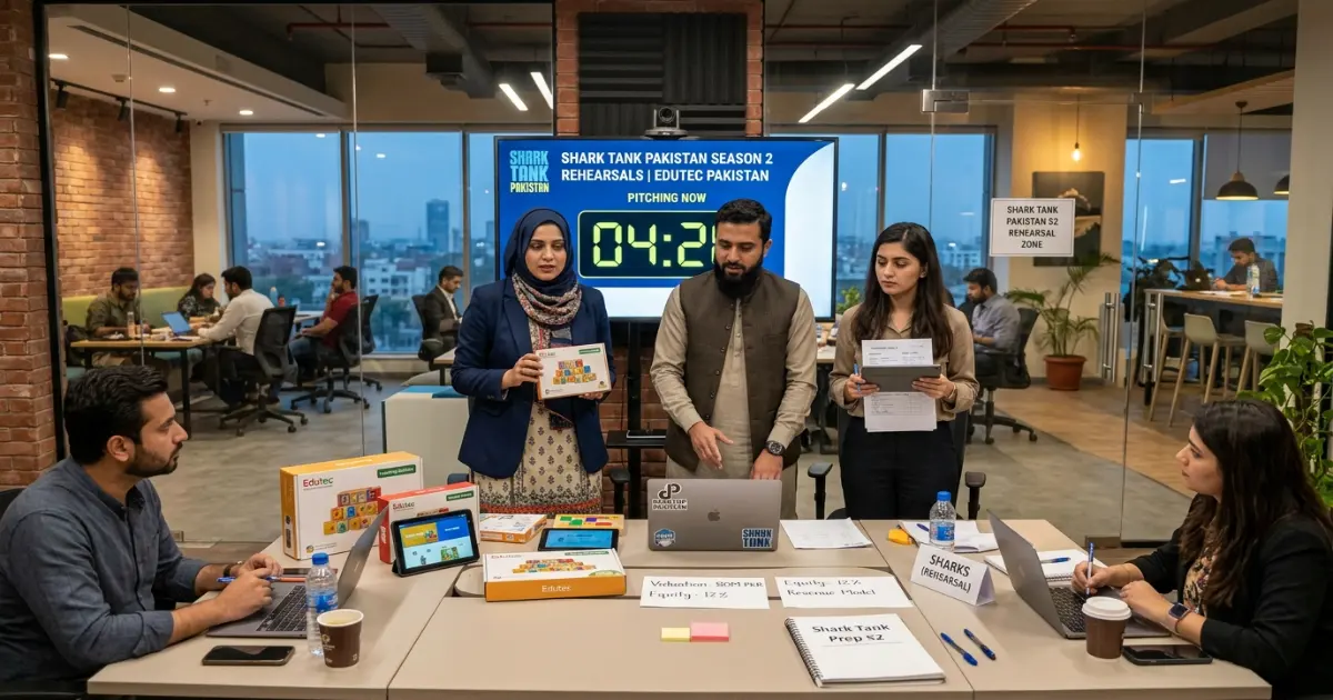 A diverse group of entrepreneurs rehearsing their Shark Tank Pakistan Season 2 pitch