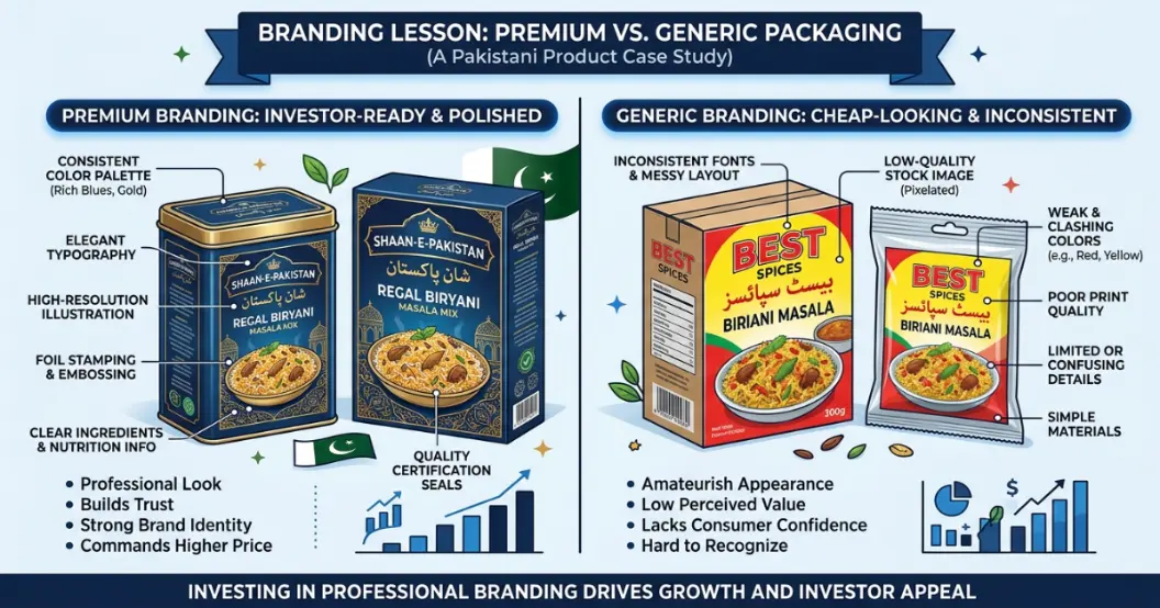 Comparison of packaging: one premium-looking brand that got a deal and another generic-looking brand that failed, demonstrating Shark Tank Pakistan branding lessons