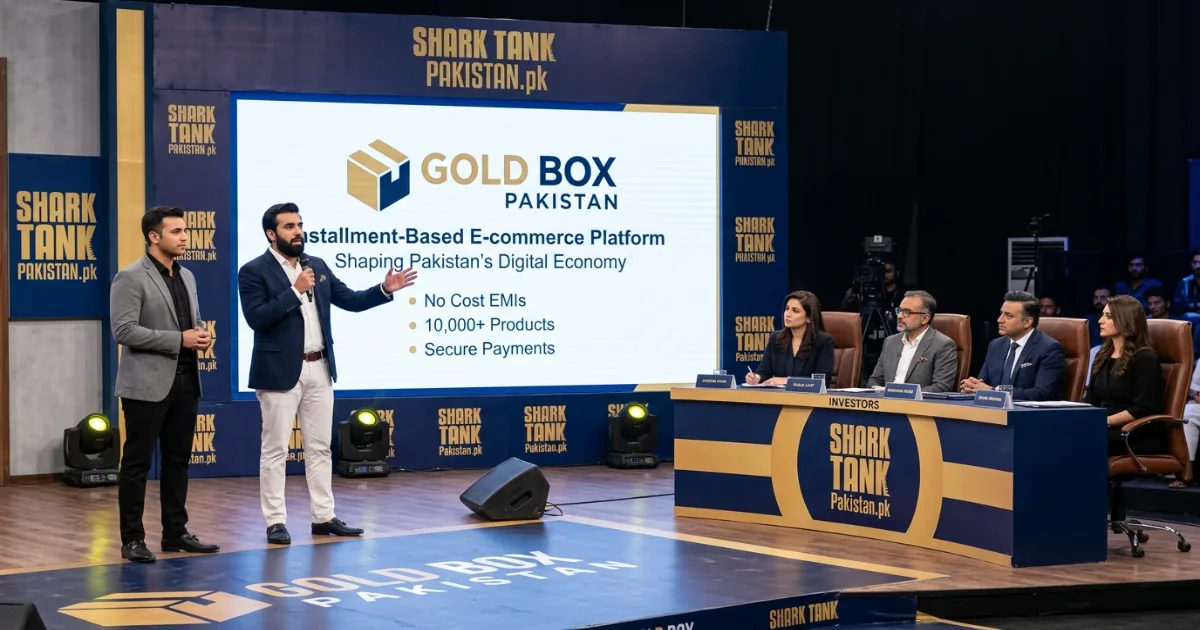 Gold Box Pakistan founders presenting their interest-based e-commerce pitch on Shark Tank Pakistan stage