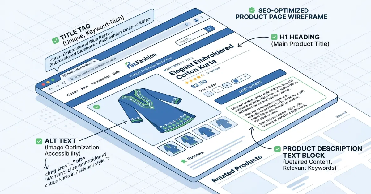 Checklist showing on-page SEO elements for a Pakistani e-commerce product page including title tag, meta description, and product description