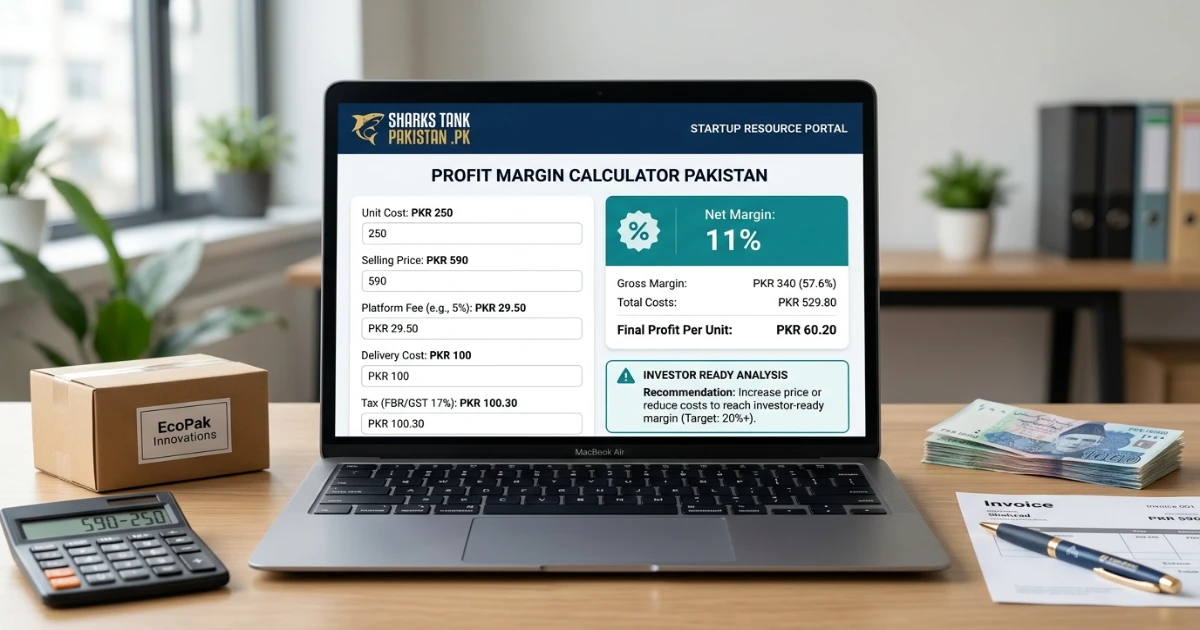 Close-up of profit margin calculator showing net margin and gross margin fields Pakistan business example