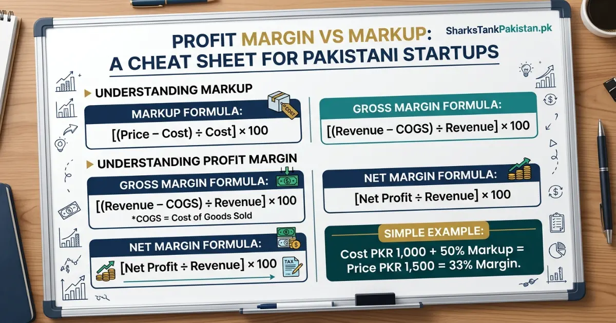 Cheat sheet with profit margin formula and markup to margin conversion table for Pakistani startups