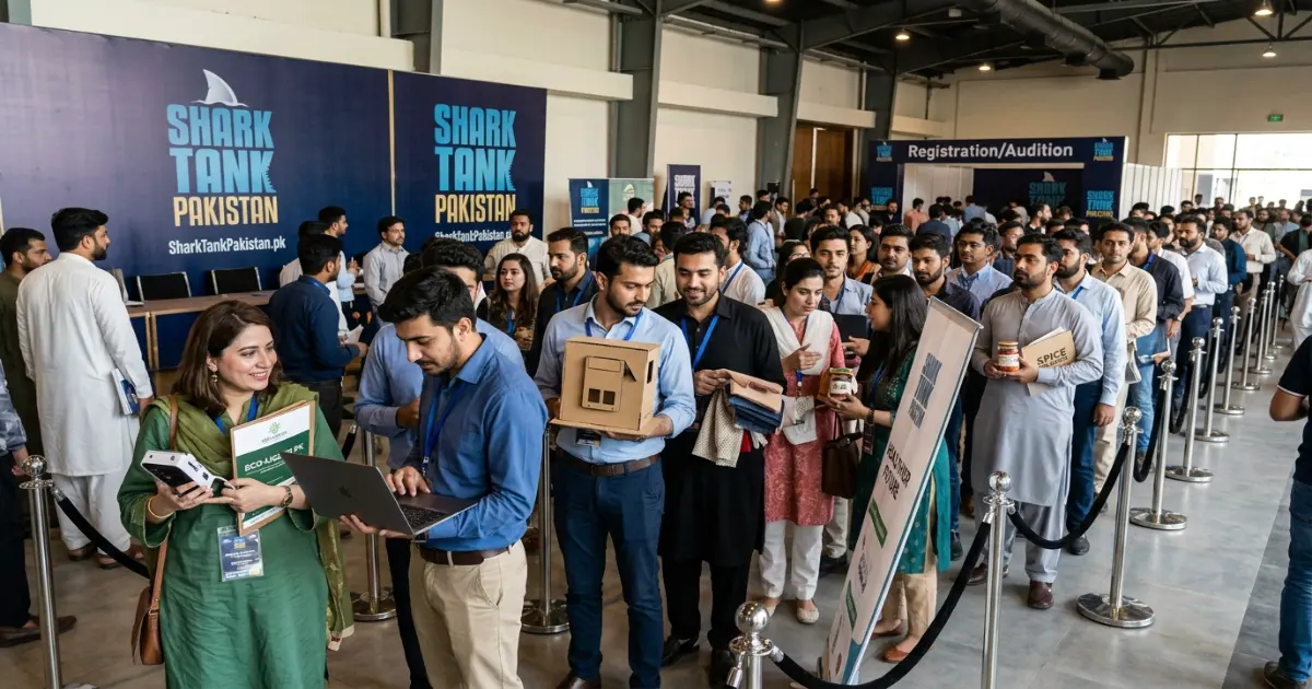 Founders lined up at a Shark Tank Pakistan open call venue, eager to stand out in Shark Tank casting