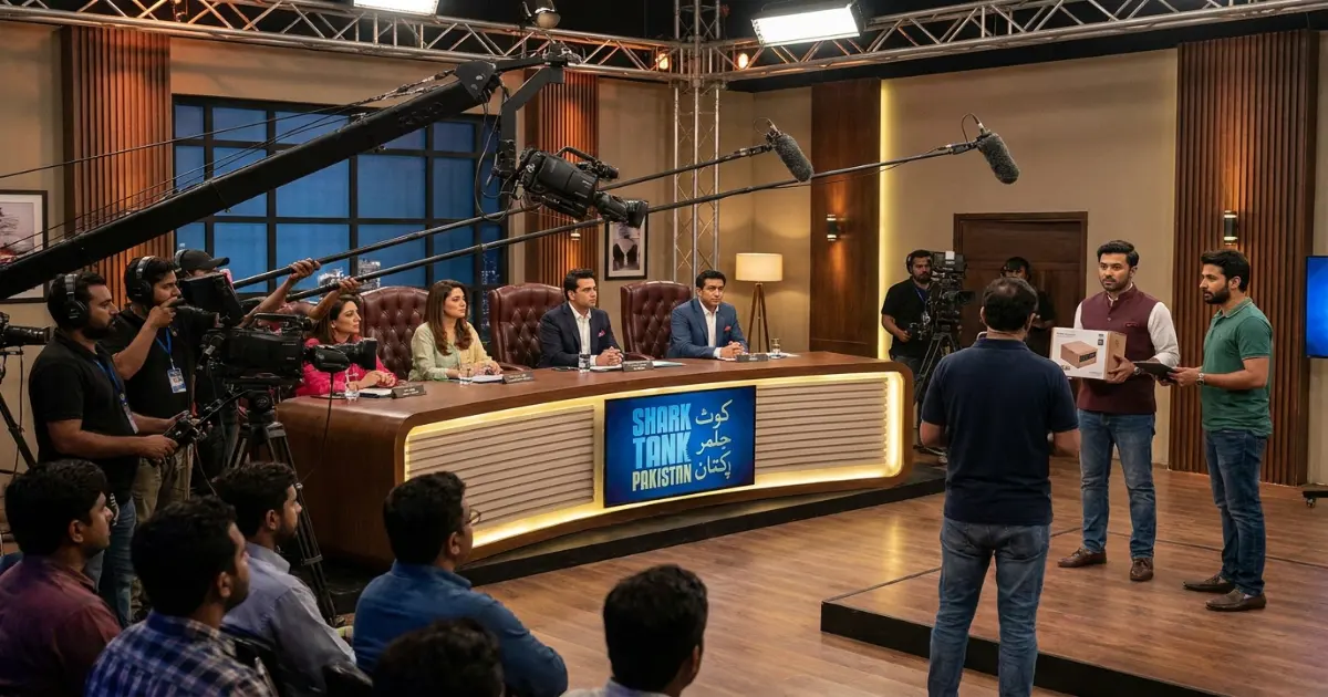 University students at a startup pitch competition inspired by Shark Tank Pakistan with banners and audience