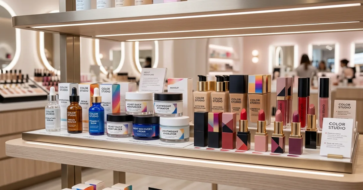 Color Studio Professional skincare product lineup including serums and moisturisers on retail shelf