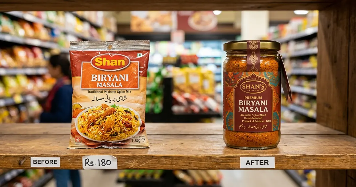 Before-and-after rebrand of a Pakistani spice blend that learned Shark Tank Pakistan branding lessons and succeeded