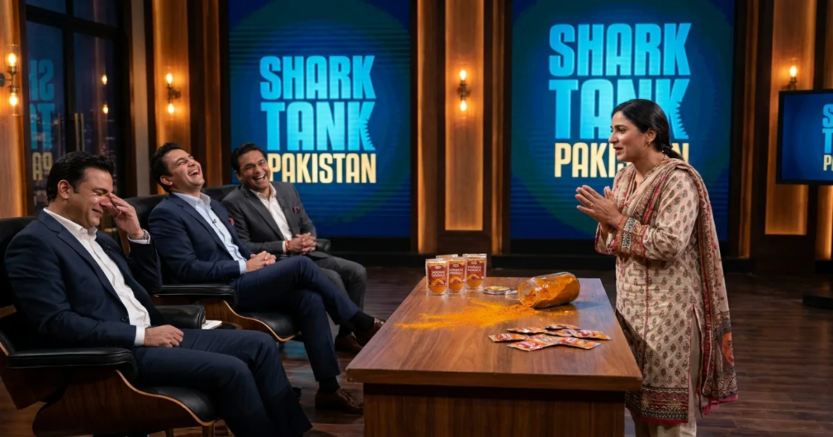 Spilled spice jar during a funny Shark Tank Pakistan product demonstration