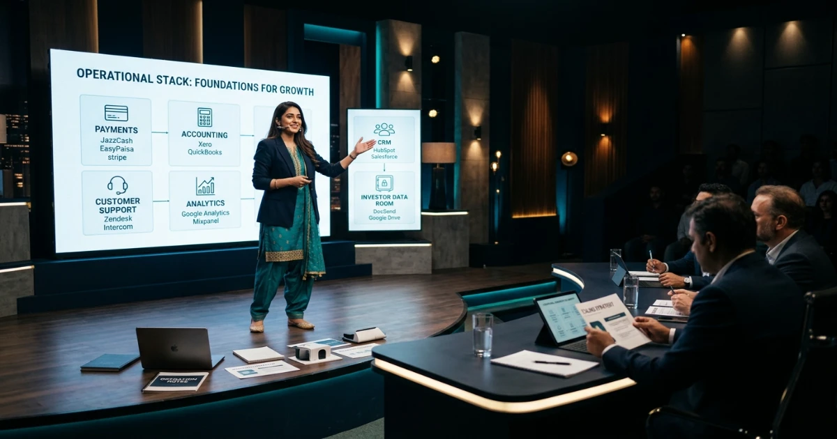 Pakistani startup founder demonstrating business tools during investor pitch