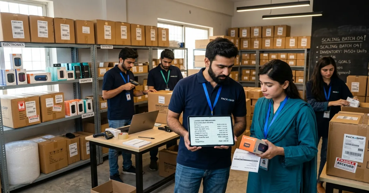Pakistani e-commerce startup team checking inventory shipment