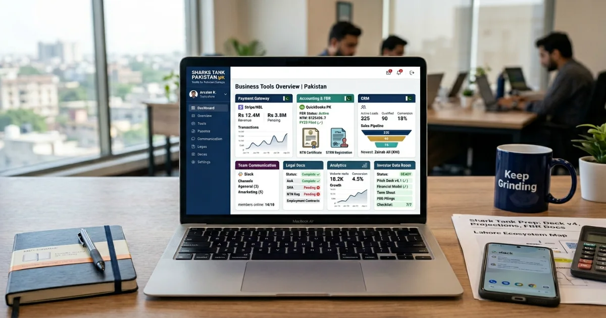 Pakistani founder reviewing business tools for Pakistan on laptop dashboard