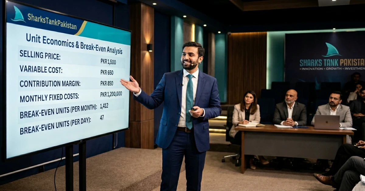 Pakistani entrepreneur pitching unit economics on stage with break-even point highlighted