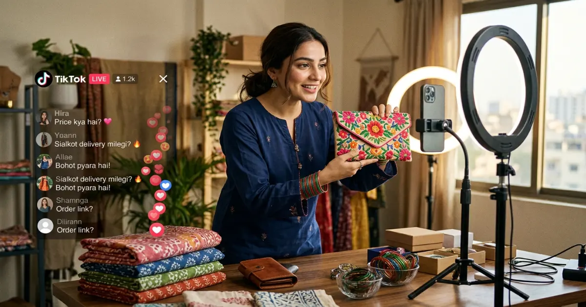 Pakistani retailer hosting a TikTok Live shopping session showing products to viewers with real-time comments visible