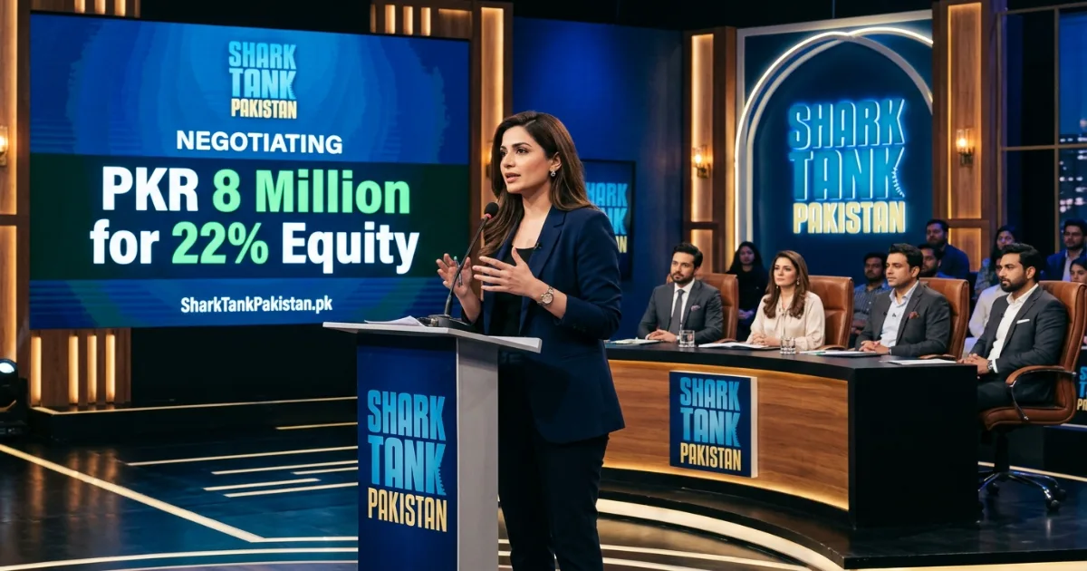 Founder and shark shaking hands after successful deal negotiation on Shark Tank Pakistan set