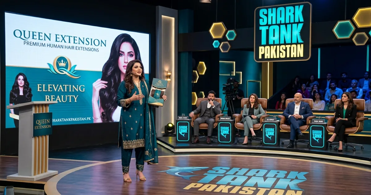 Queen Extension founder pitching on Shark Tank Pakistan stage with sharks listening intently