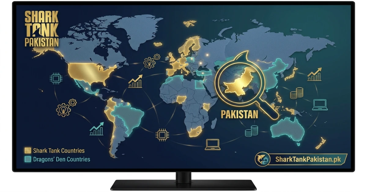 Global map showing Shark Tank and Dragons' Den franchise countries with Pakistan highlighted