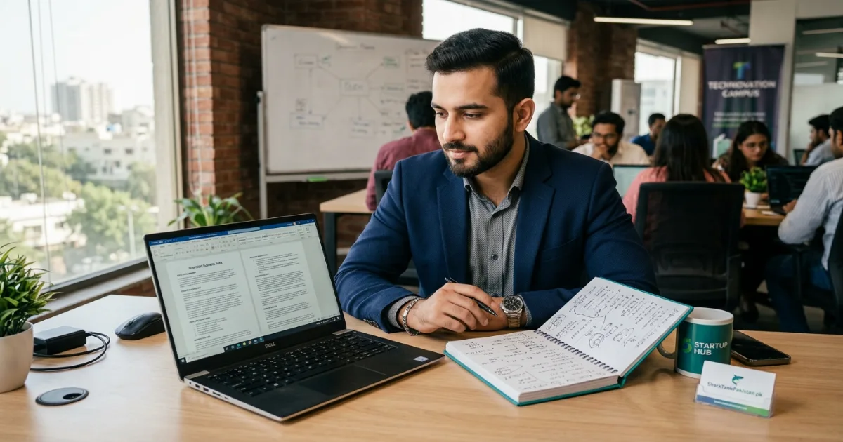 Pakistani entrepreneur using AI business plan writer tool on a laptop