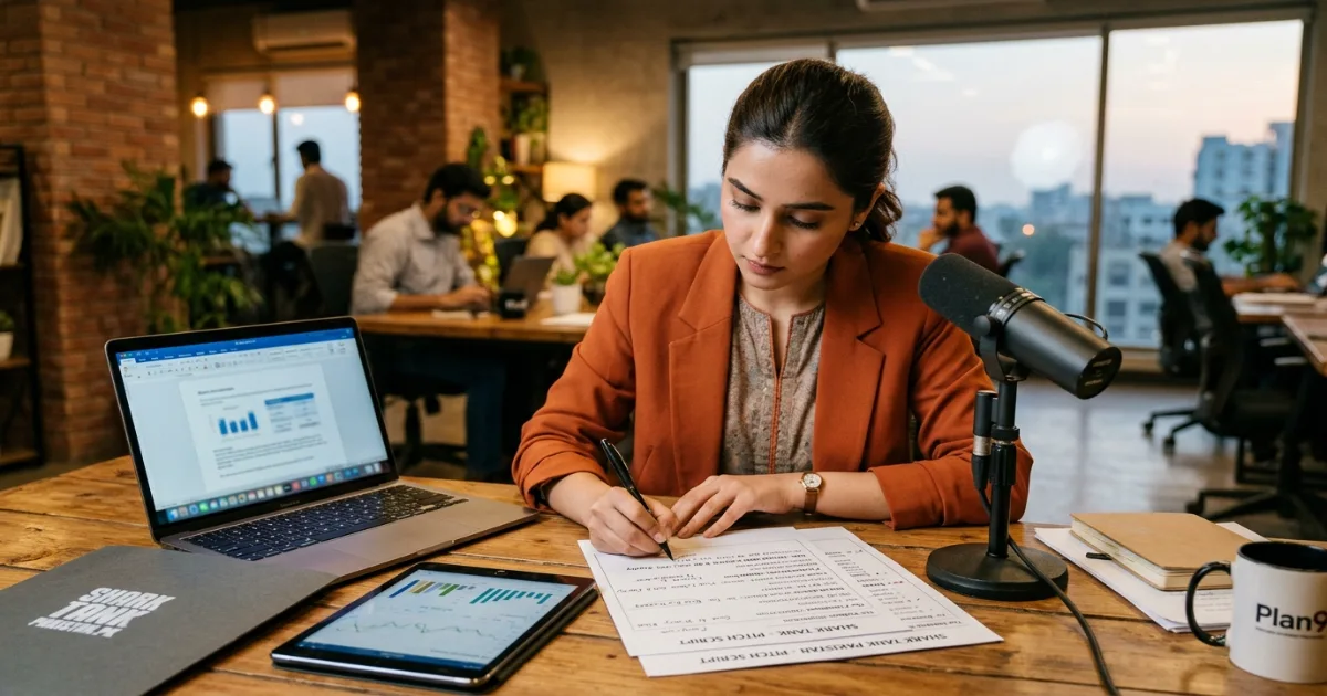 Founder reviewing an AI-generated pitch script on a tablet