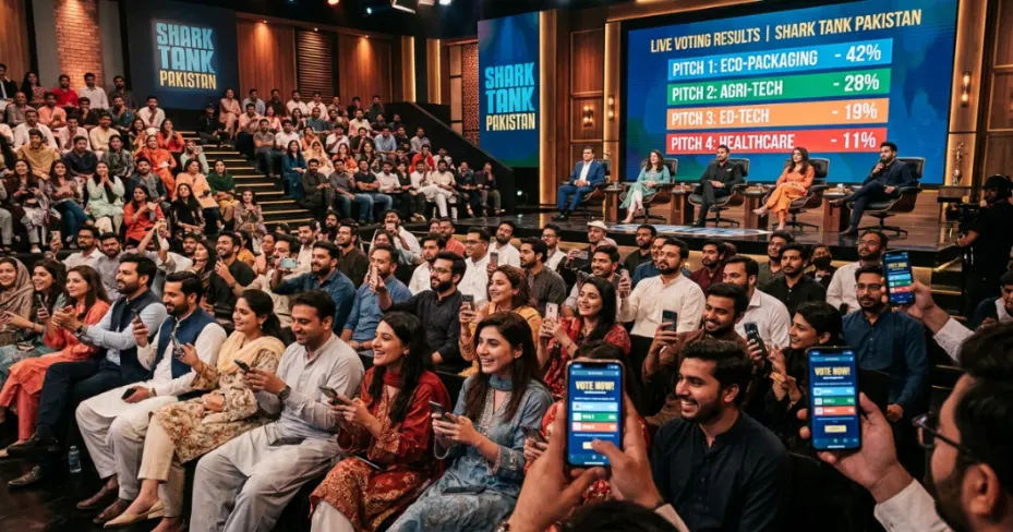 Audience members using smartphones to participate in a live Shark Tank Pakistan poll