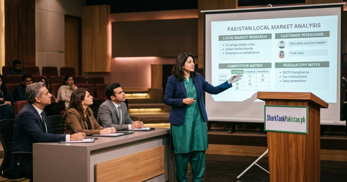Pakistani founder explaining business plan and founder-market fit to investor